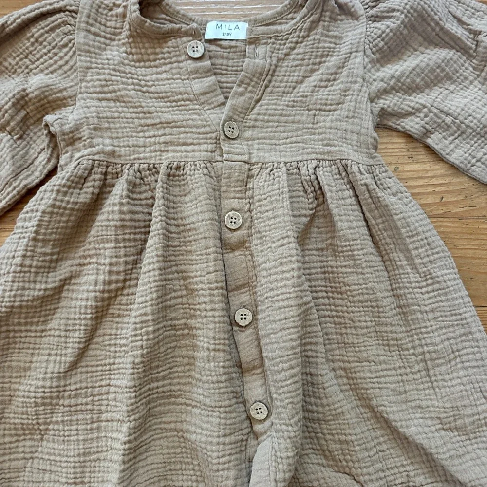 Mila Organic Cotton Gauze Dress Kids‎ Tan Brown Boho Button Front SIZE 2/3Y